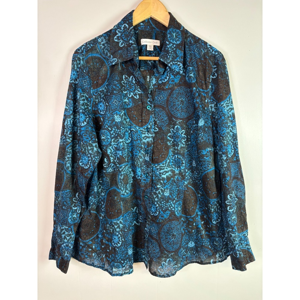 Coldwater Creek Top 1X Blue Brown Paisley Medallion Button-Front Shirt Women's
